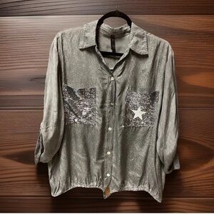 Made In Italy Venti6 Blouse Drawstring Roll Tab Sleeve Sz L Pockets Sequin
